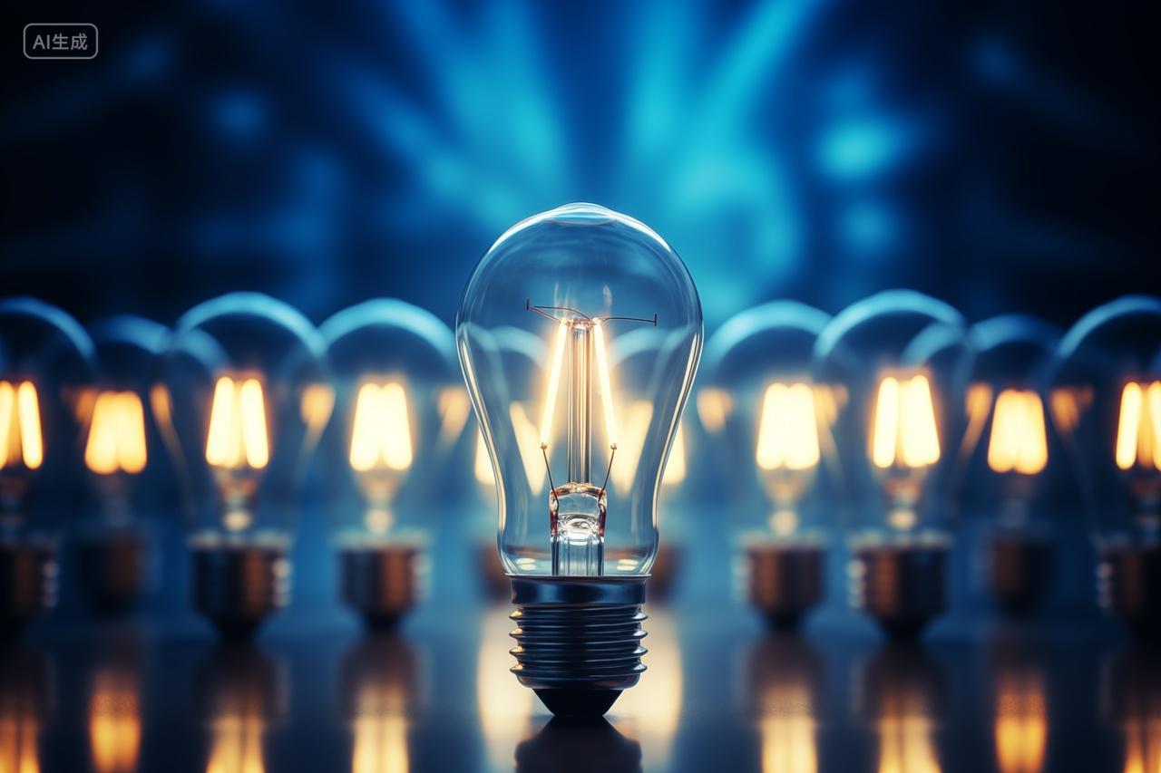 商务蓝色背景上发光的电灯泡