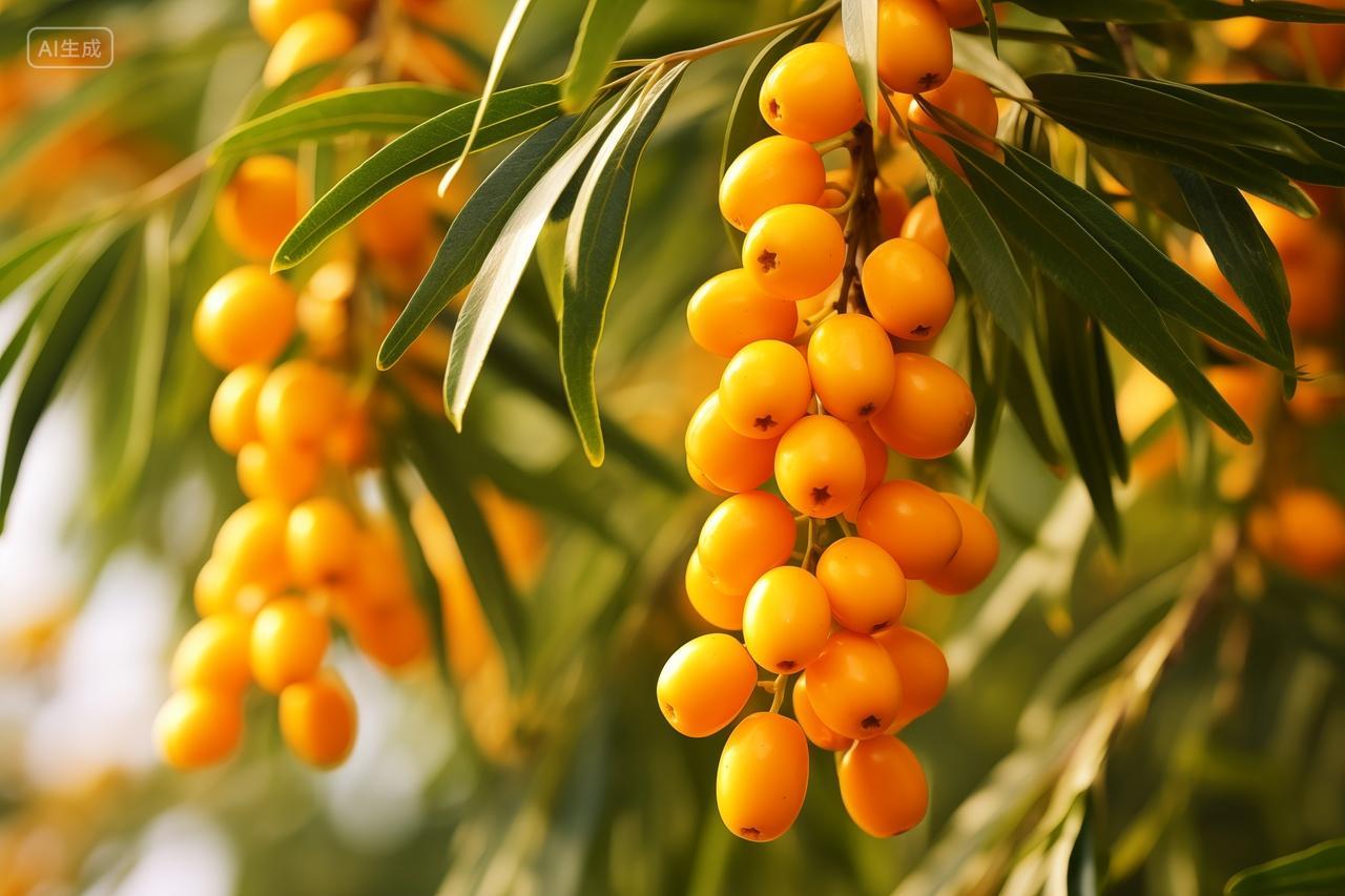 秋日里的金色沙棘果果实新鲜果蔬振兴乡村