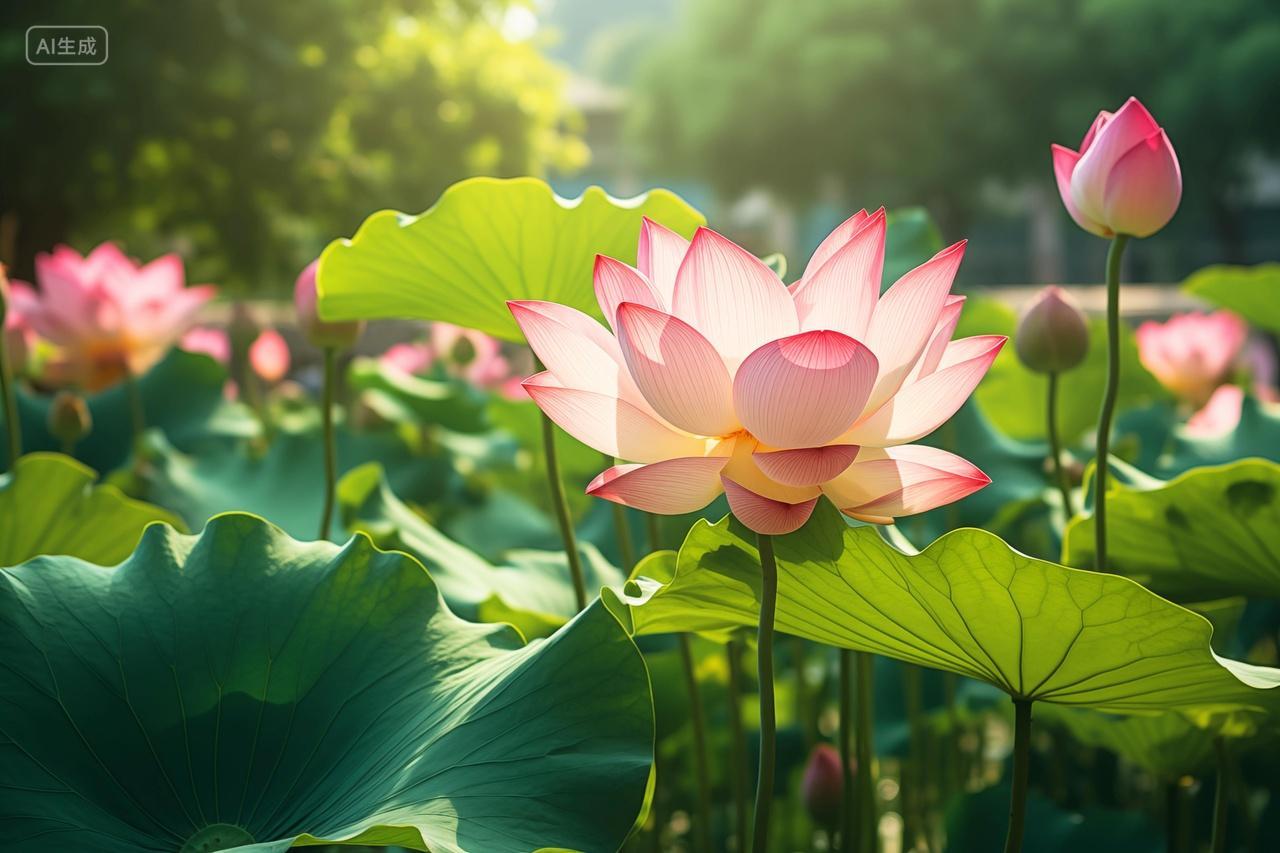 阳光照耀下池塘里的荷花小清新背景