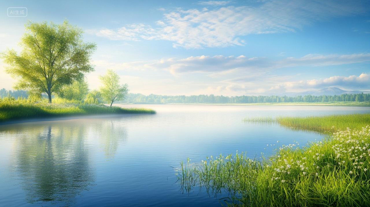 春季春雨清晨河畔水波荡漾树木生机勃勃美丽天空立春春分插画