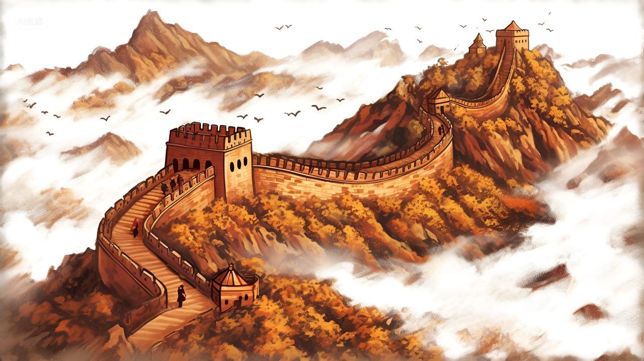 云海中雄伟壮观的万里长城古风水墨写实画