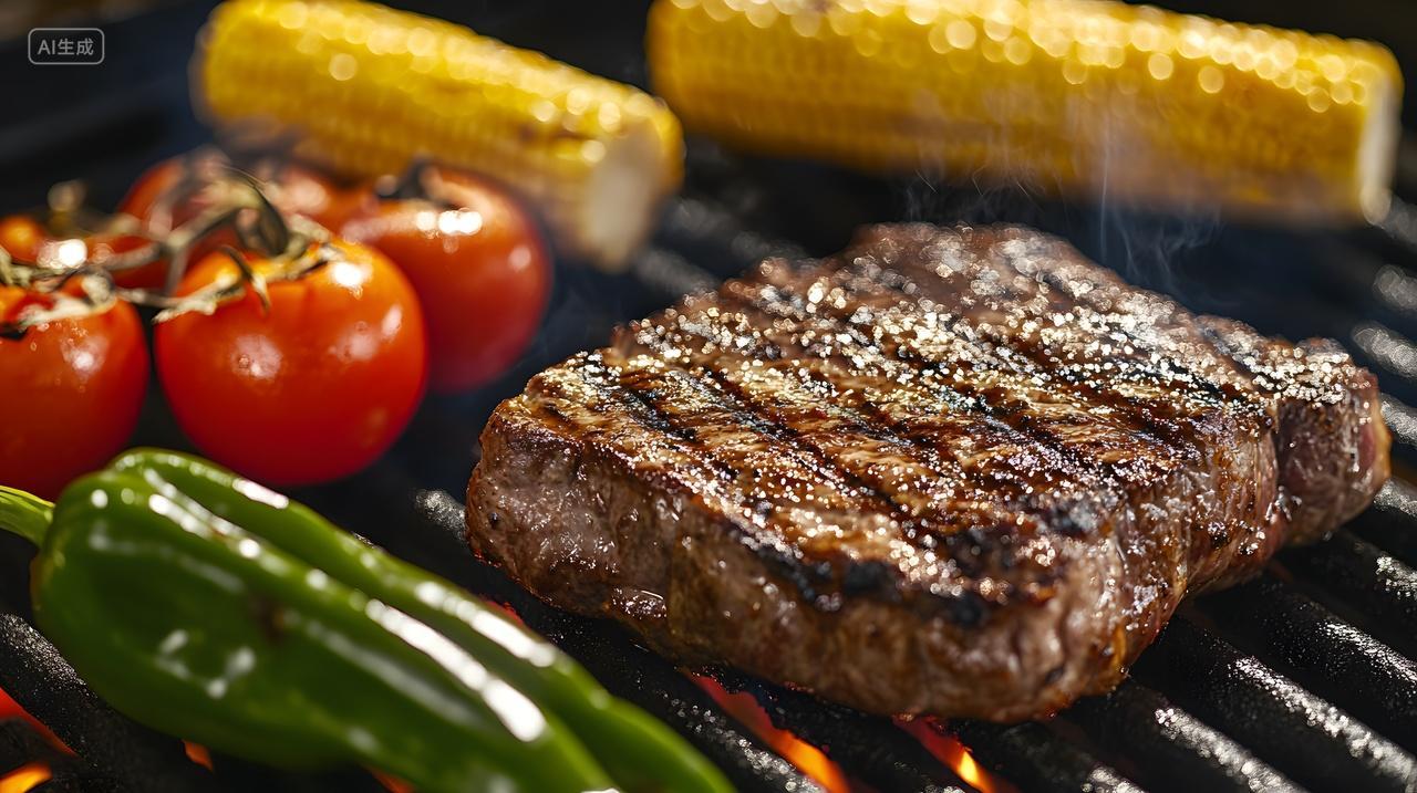 烧烤牛排玉米番茄辣椒户外夏季美食图