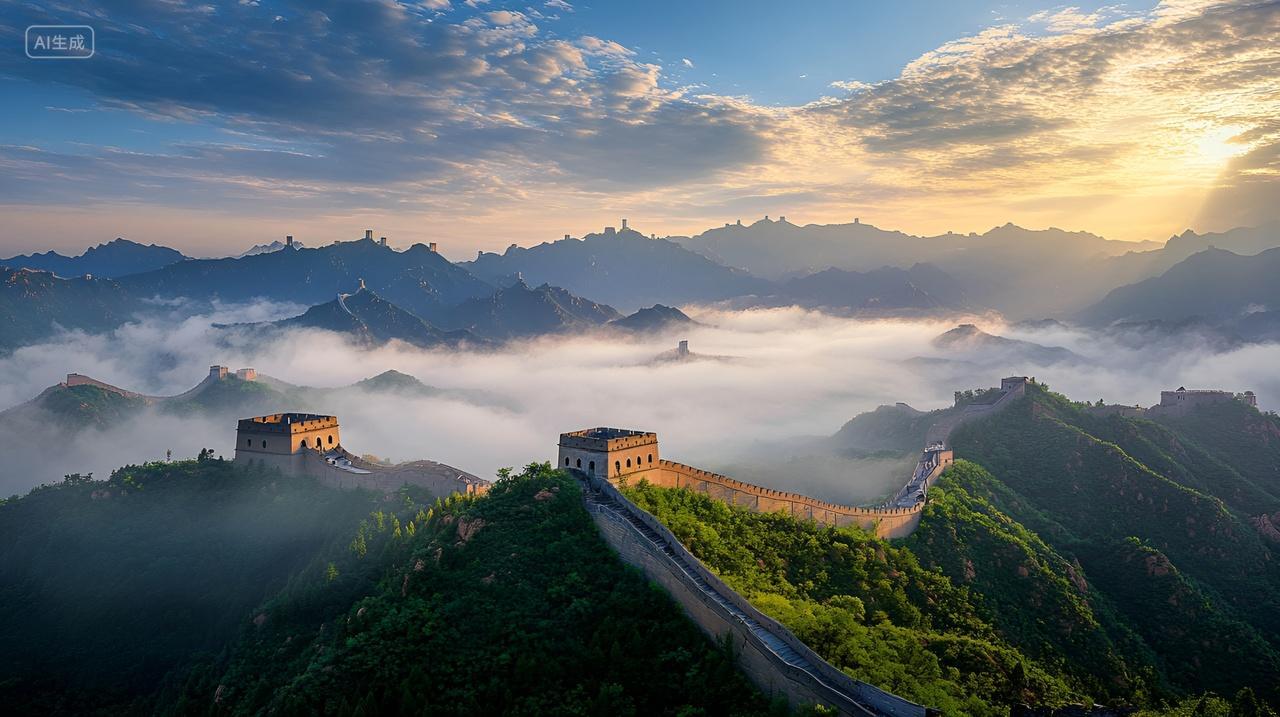 清晨在云雾弥漫中的万里长城八达岭长城
