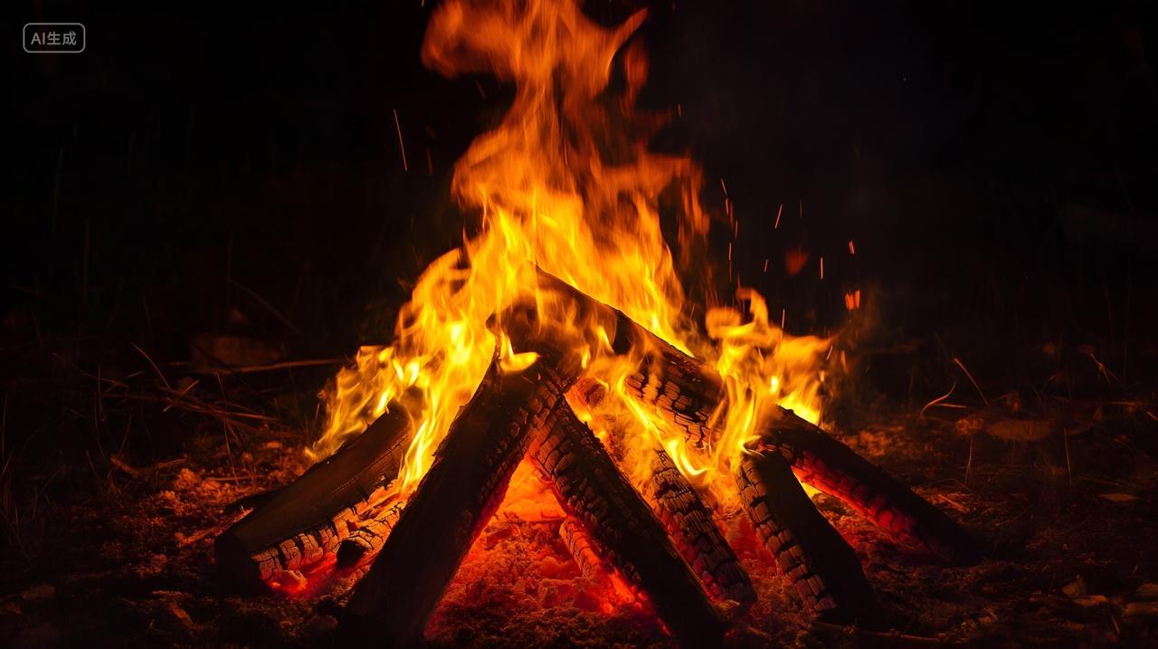 夜晚点燃篝火火焰在夜空中跳跃万圣节氛围