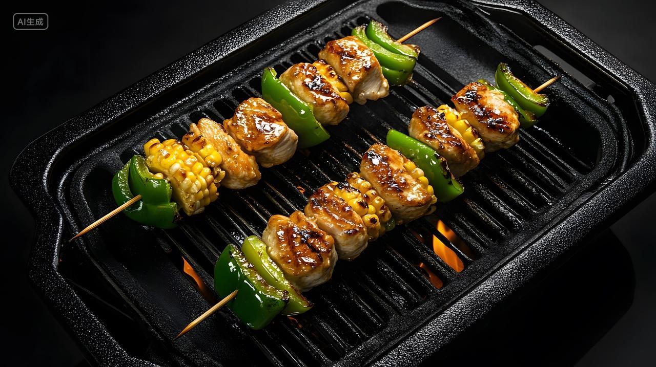 烤肉串青椒烧烤架火热户外美食图