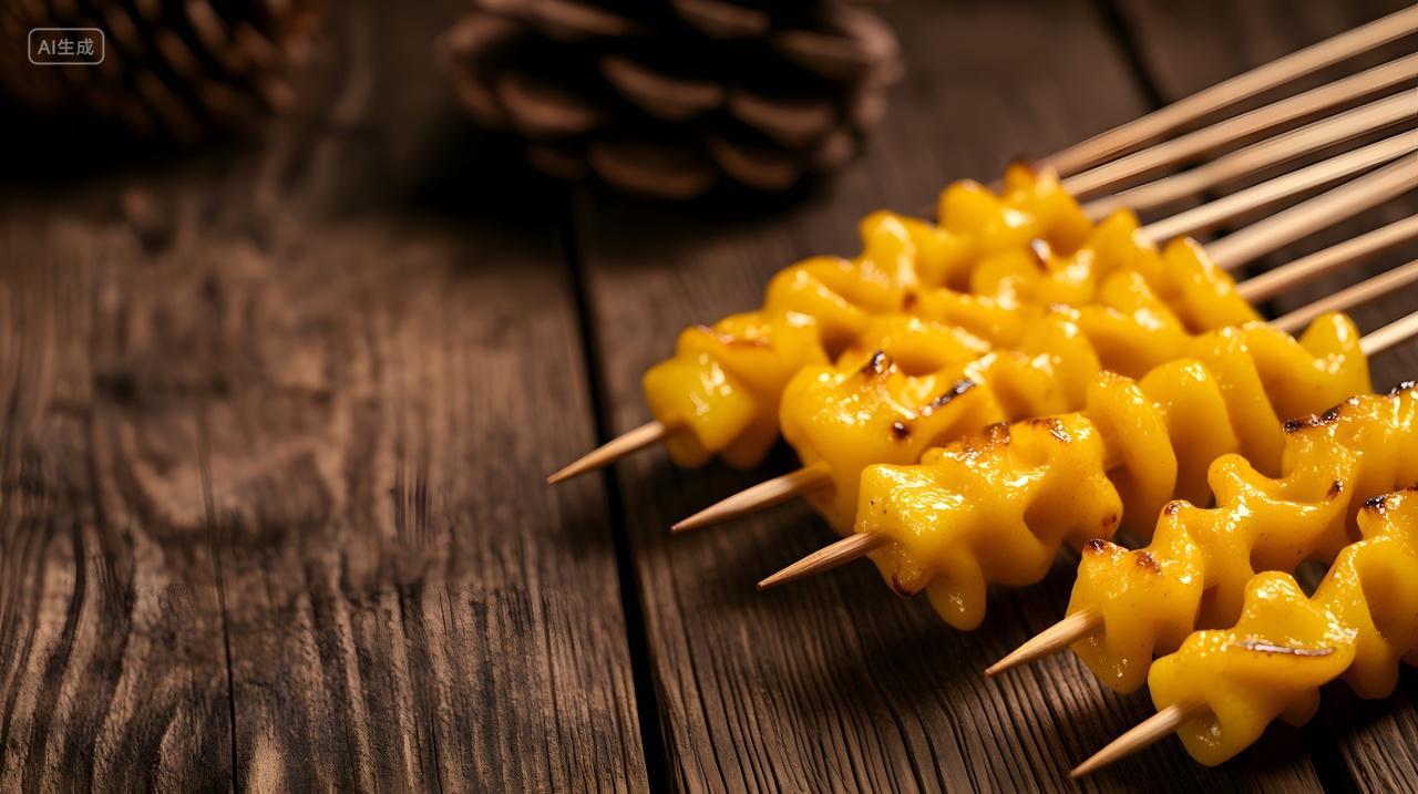 年糕串竹签木质背景温暖传统小吃图