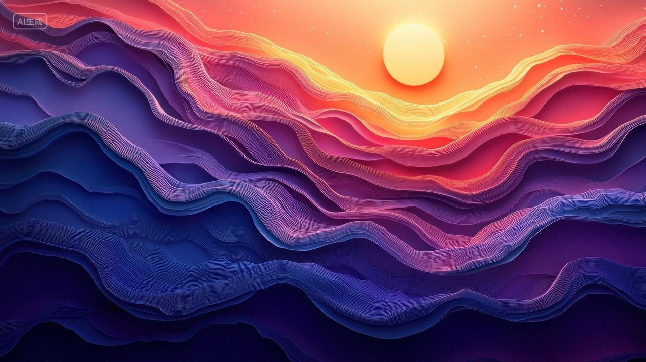 剪纸风格插图金色太阳照耀山峰与大海