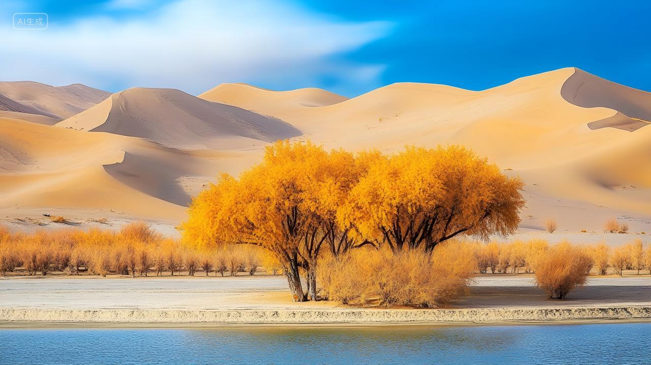 金色沙漠中的希望之树胡杨林沙漠绿洲自然生态