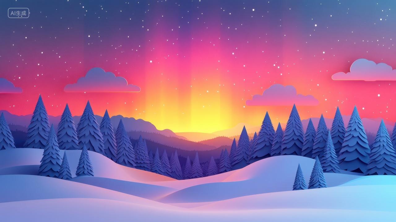 梦幻般的冬日森林雪景与远处闪耀的极光