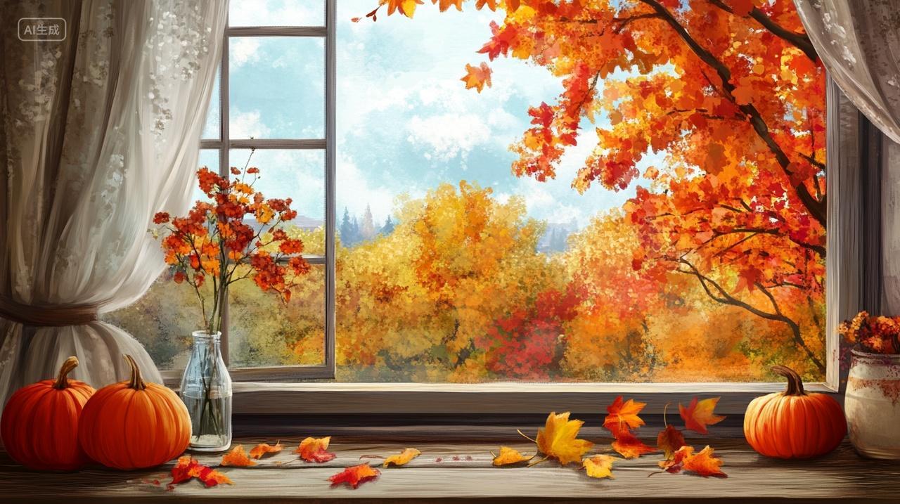 秋季窗台边唯美风景插画
