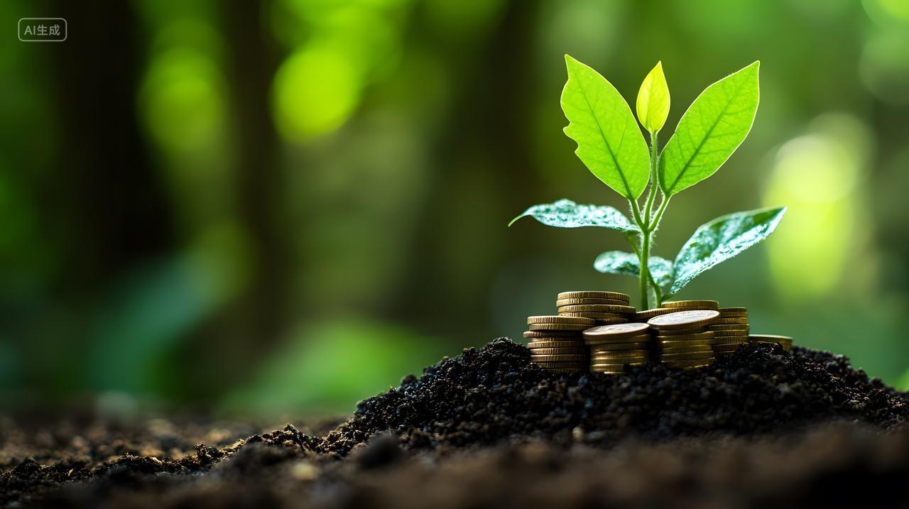 从一堆硬币中长出绿色植物