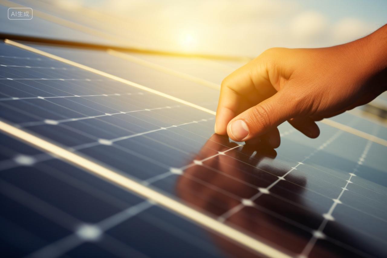 夕阳下手触摸太阳能电板新能源