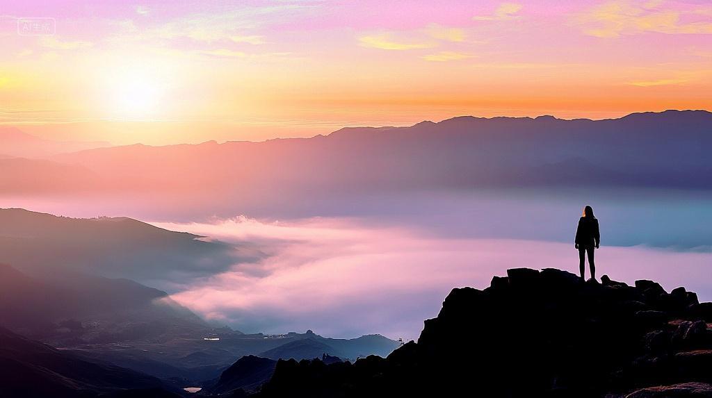 旅行者在山顶上看日出