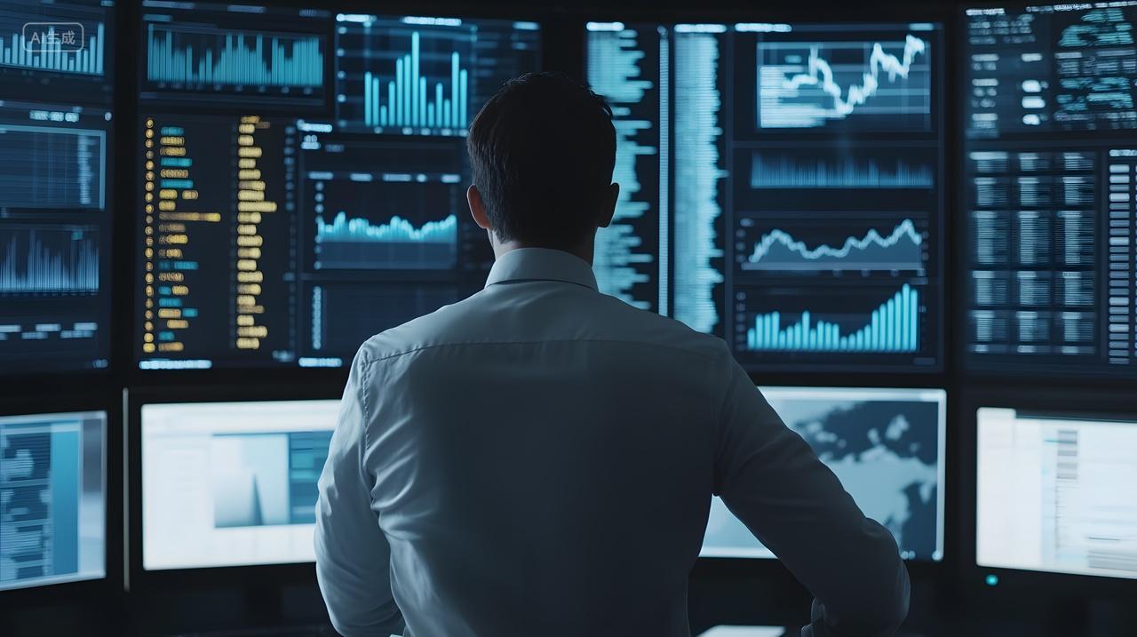 分析师在多个屏幕上查看股市数据