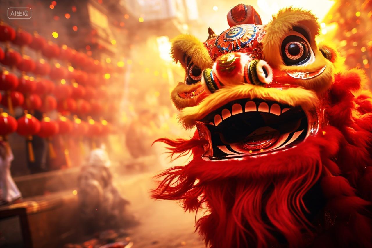 中国风舞狮喜庆节日红色背景