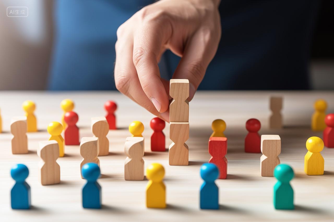 商务男手拿积木堆积挑选选拔人才
