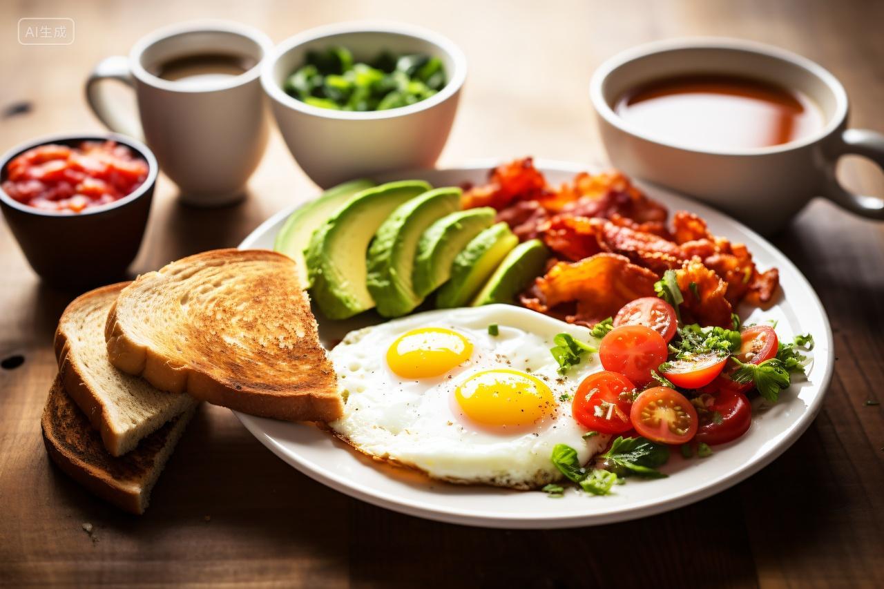 桌子上一盘营养早餐食物