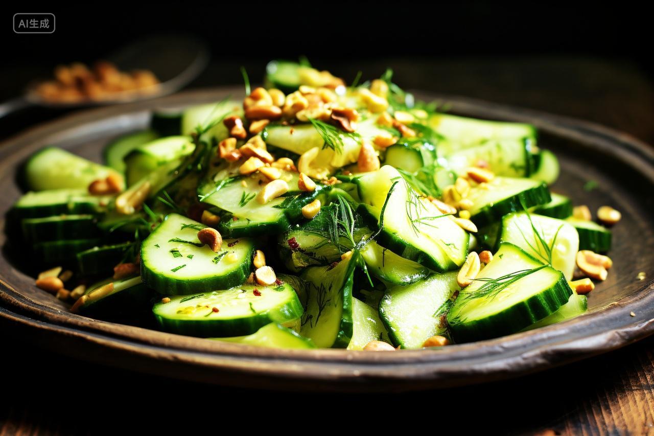 桌子上一盘凉拌黄瓜蔬菜食物
