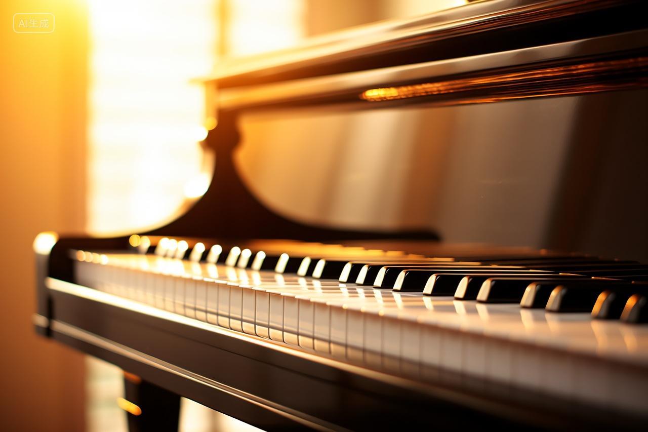 阳光照射在室内的钢琴键上