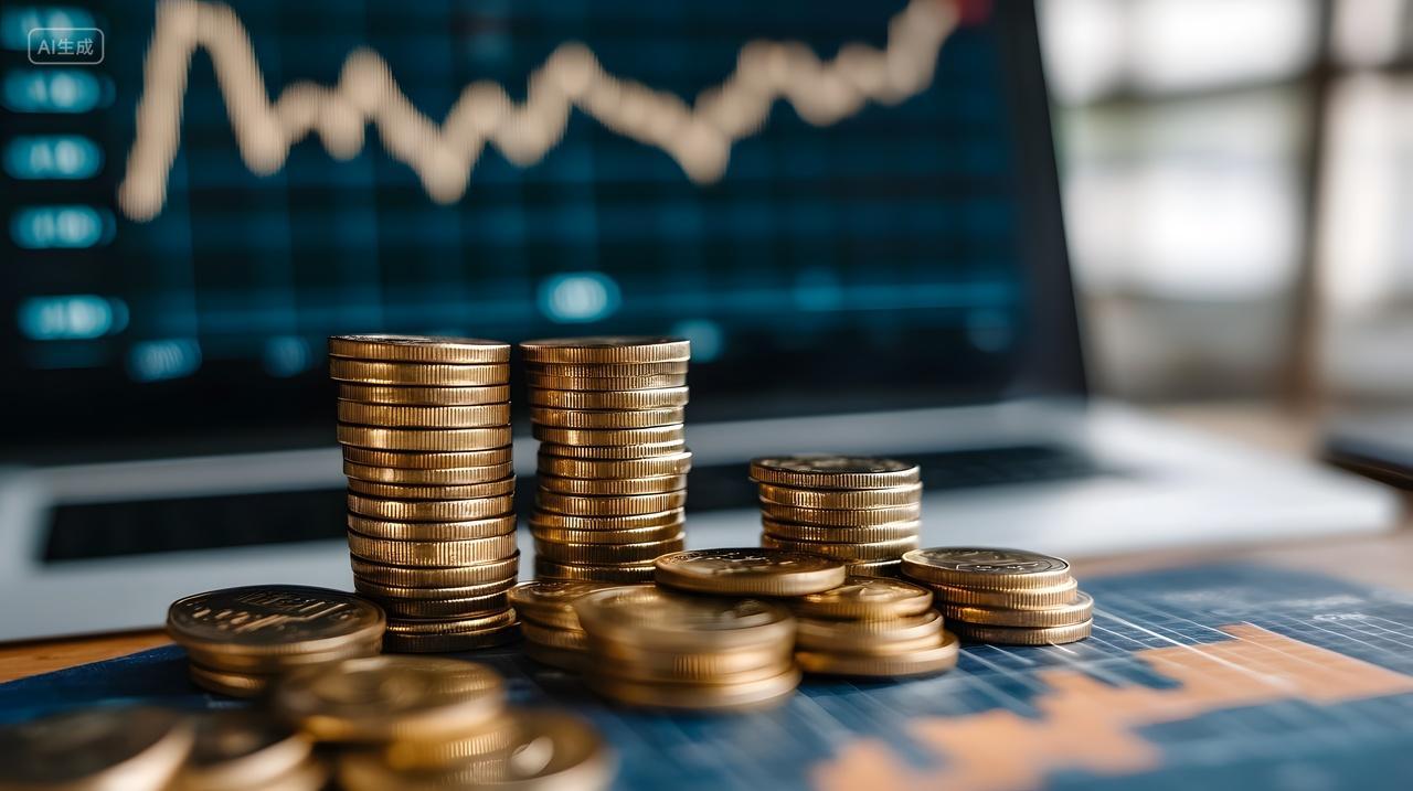 金融图表背景上堆放金币