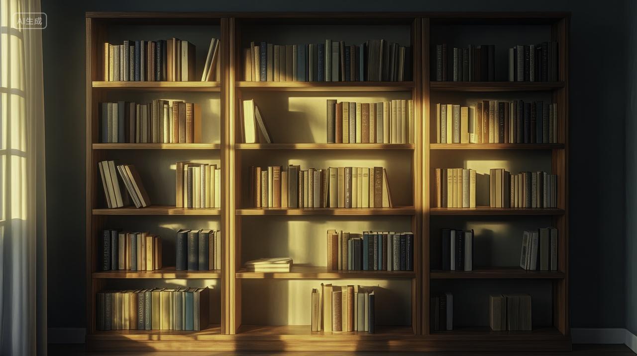 傍晚阳光照射下的家庭书架