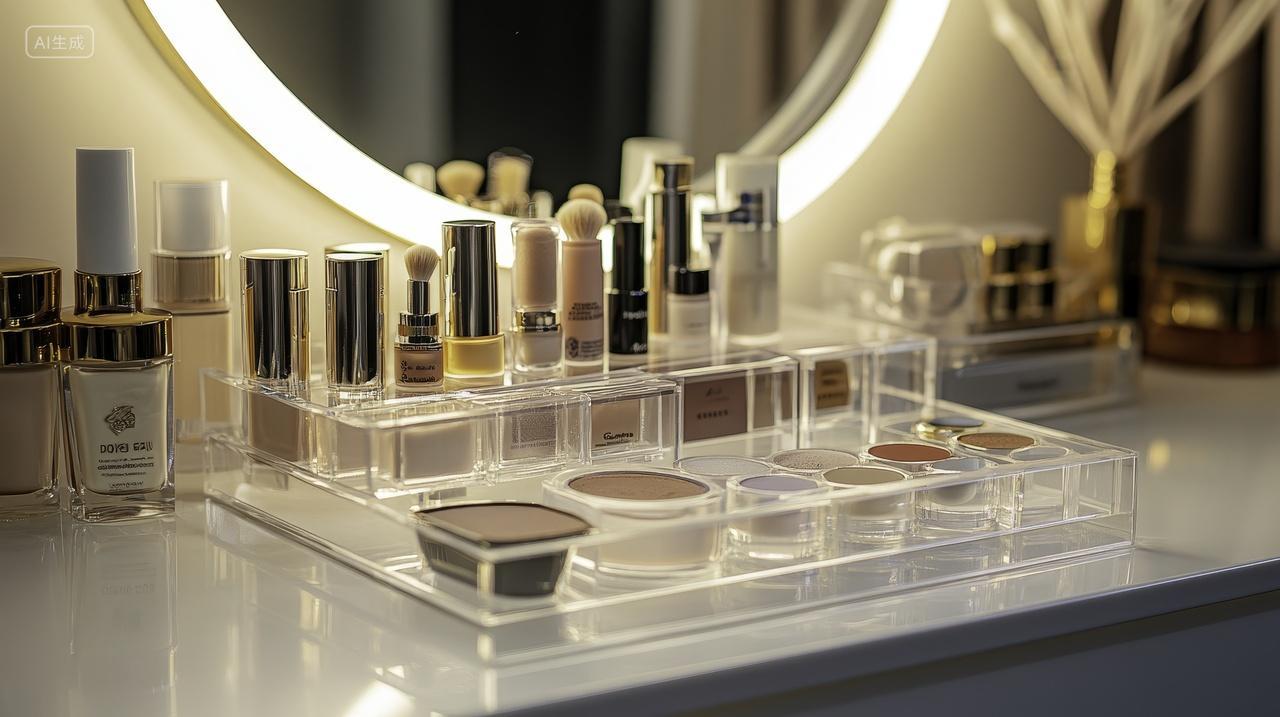 梳妆台上整齐摆放的化妆品和化妆刷