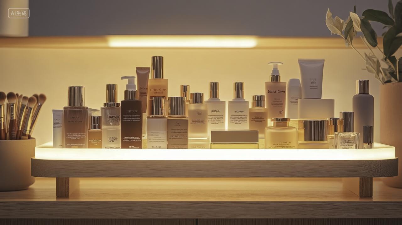 木质梳妆台上的豪华护肤品