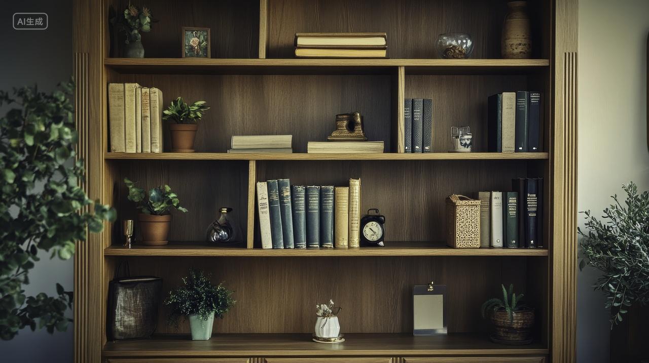 经典书架摆设与绿植装饰