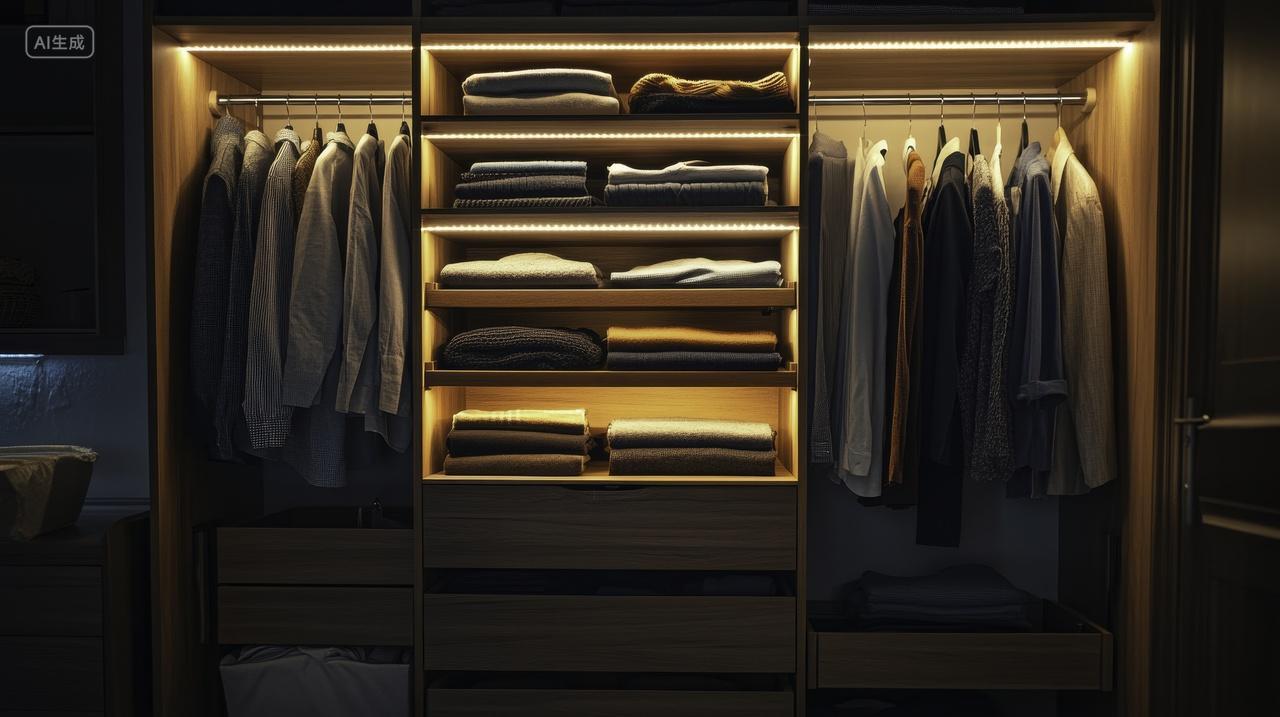 温暖灯光下的衣物与收纳架