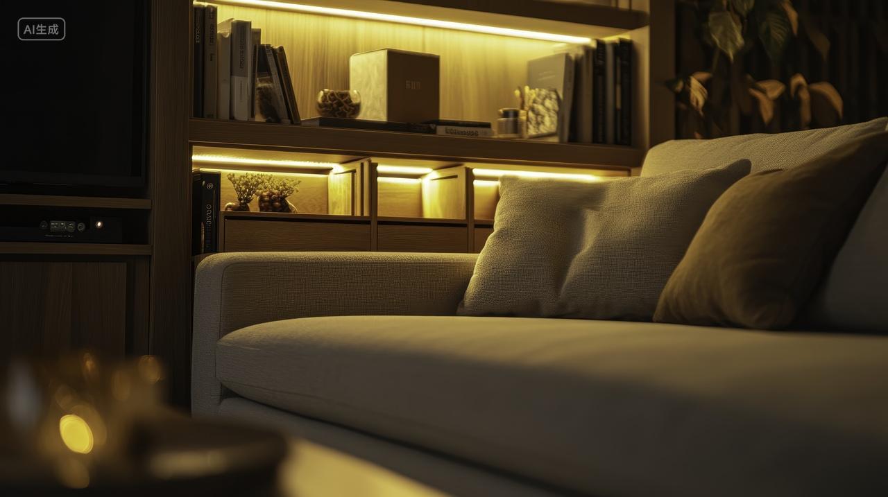 温馨的客厅与照明书架和沙发