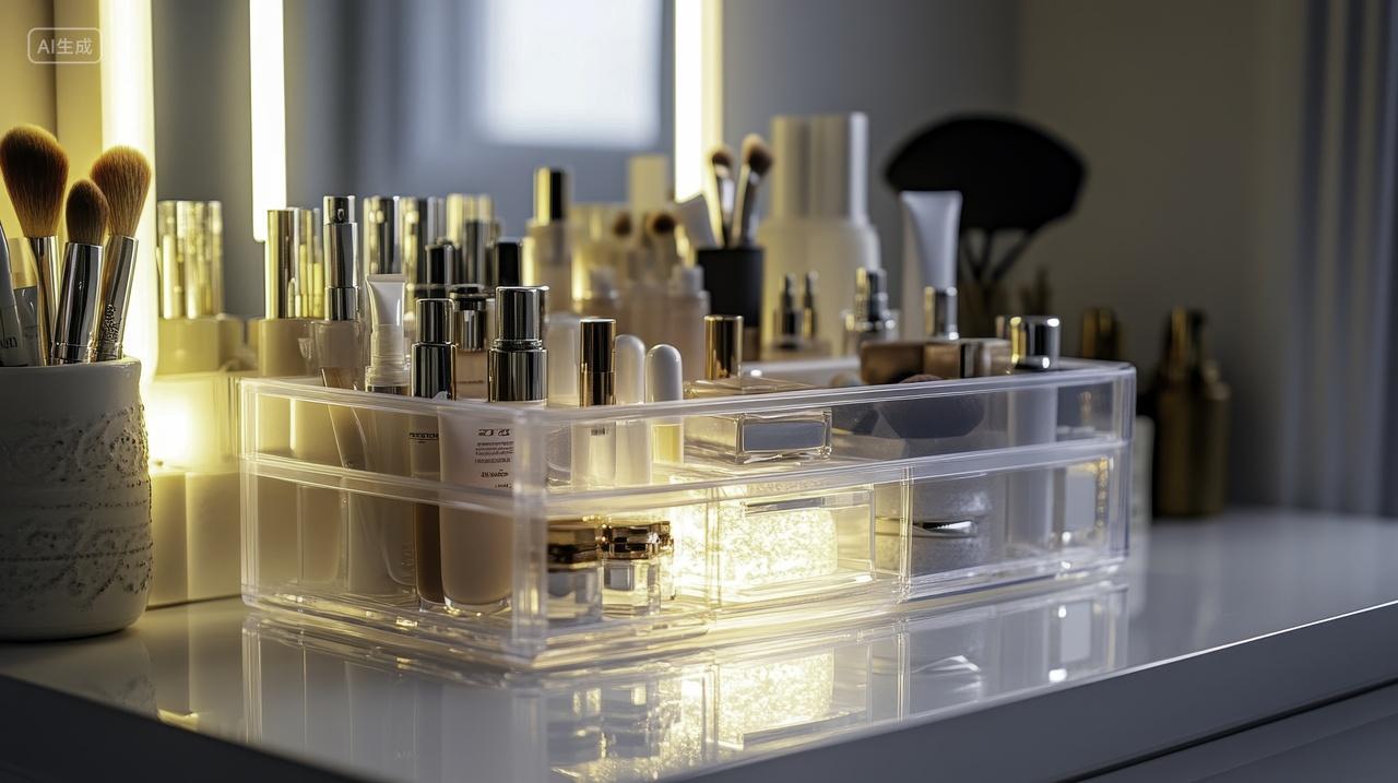 化妆品和化妆刷整齐摆放的梳妆台