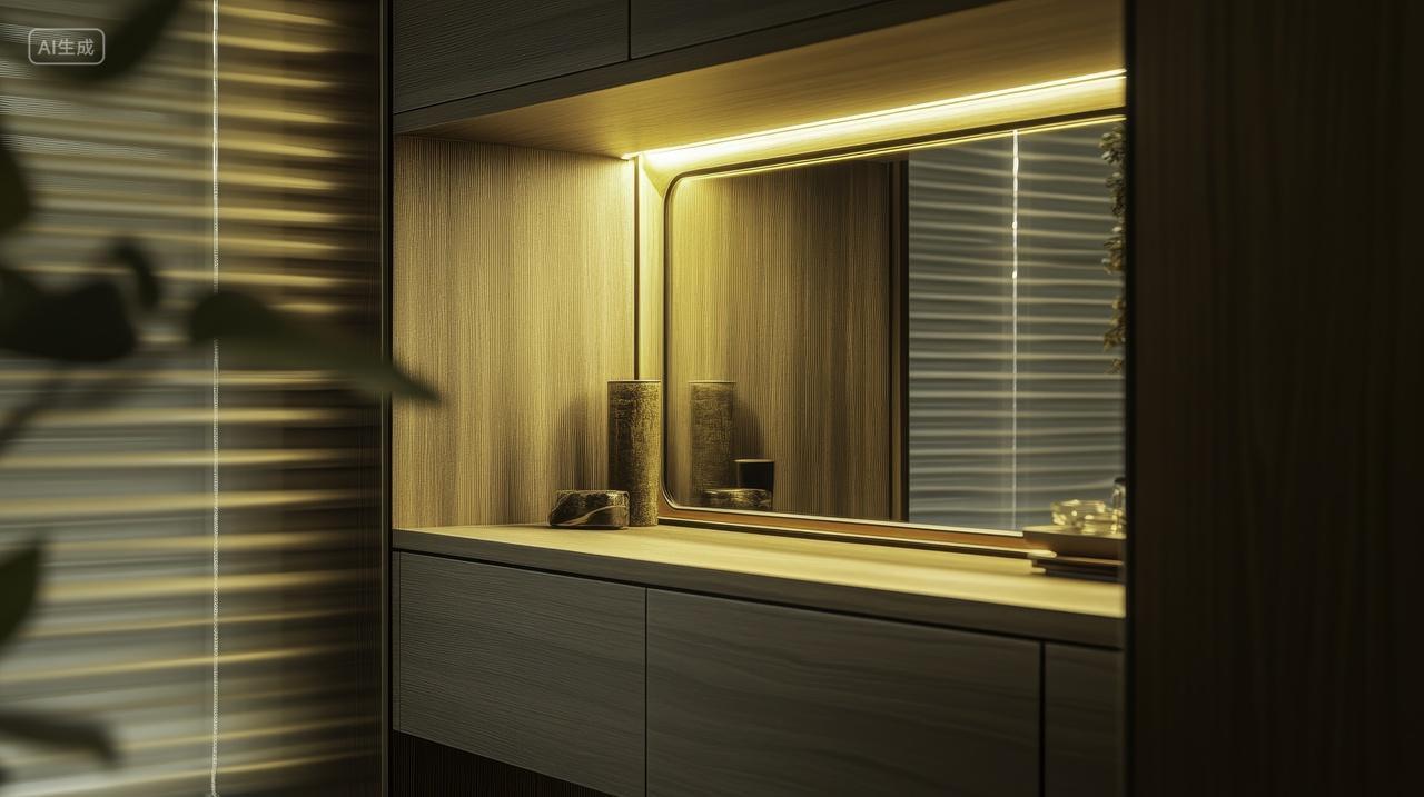 温暖木质梳妆台与镜子反射