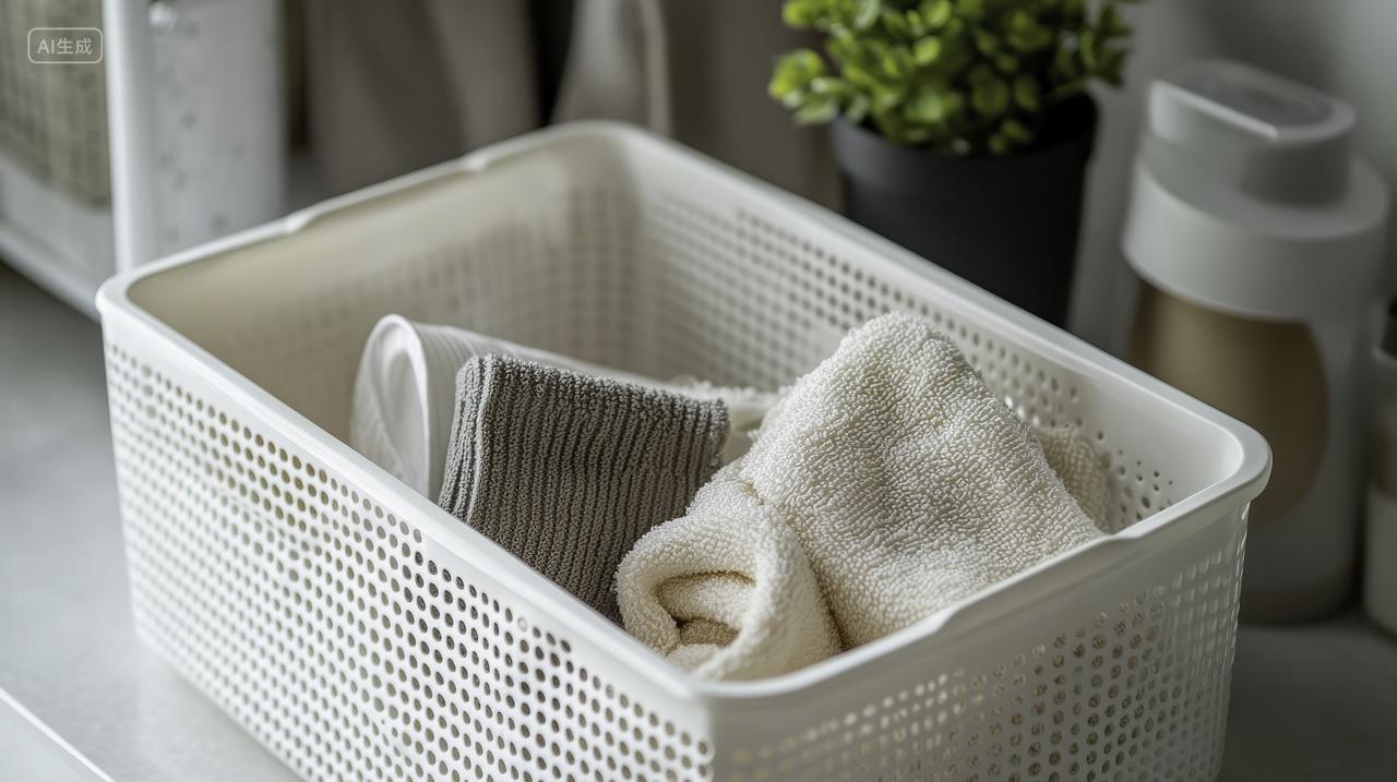 收纳盒中的柔软毛巾与清新绿植