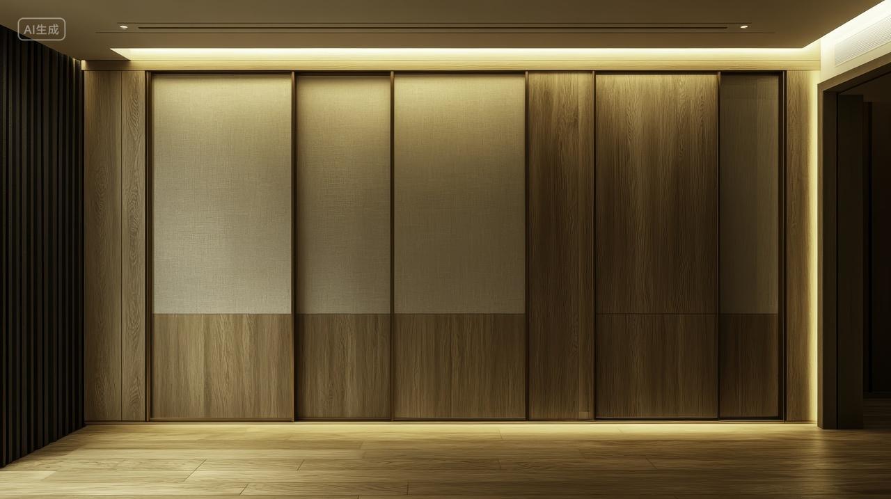 光滑木质衣柜与隐藏灯光设计