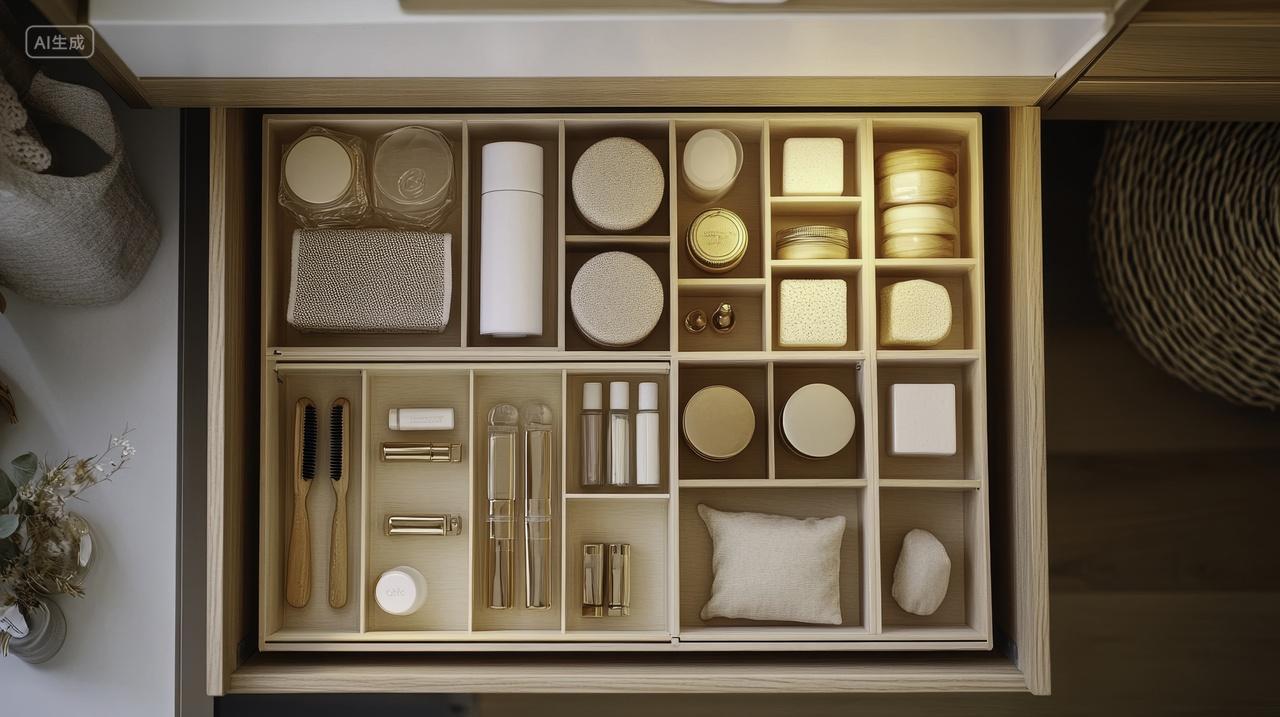 整齐摆放的化妆品与收纳盒