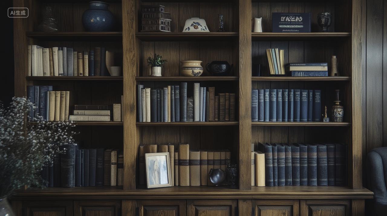 古典木质书架与蓝色摆件