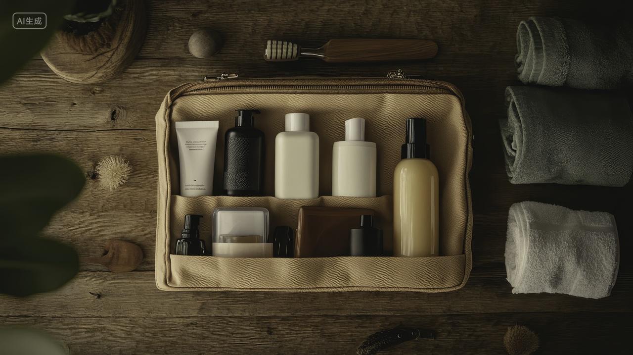 旅行洗漱用品与木质背景