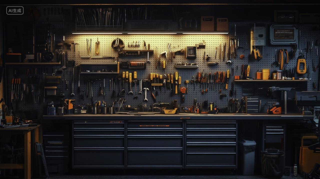 工业工作台上的多功能工具墙