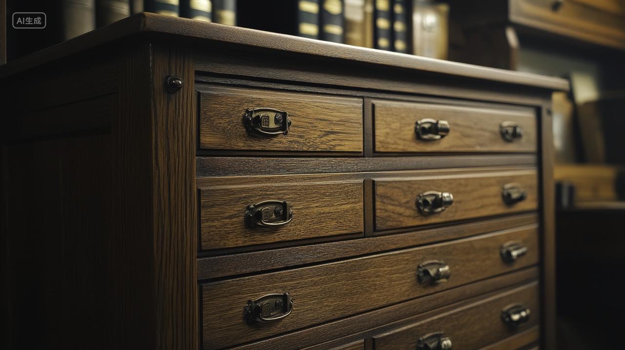 复古木质抽屉柜与金属拉手