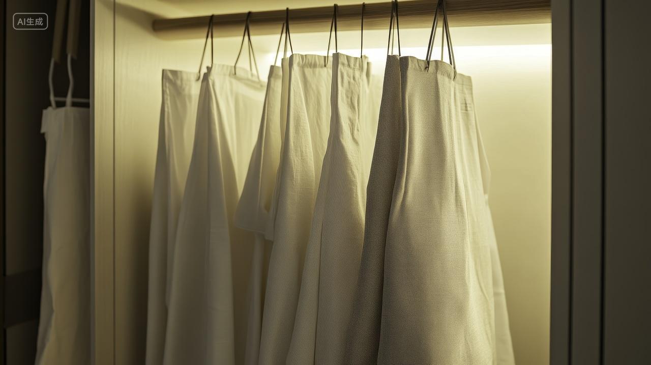 衣柜内整齐悬挂的白色布料