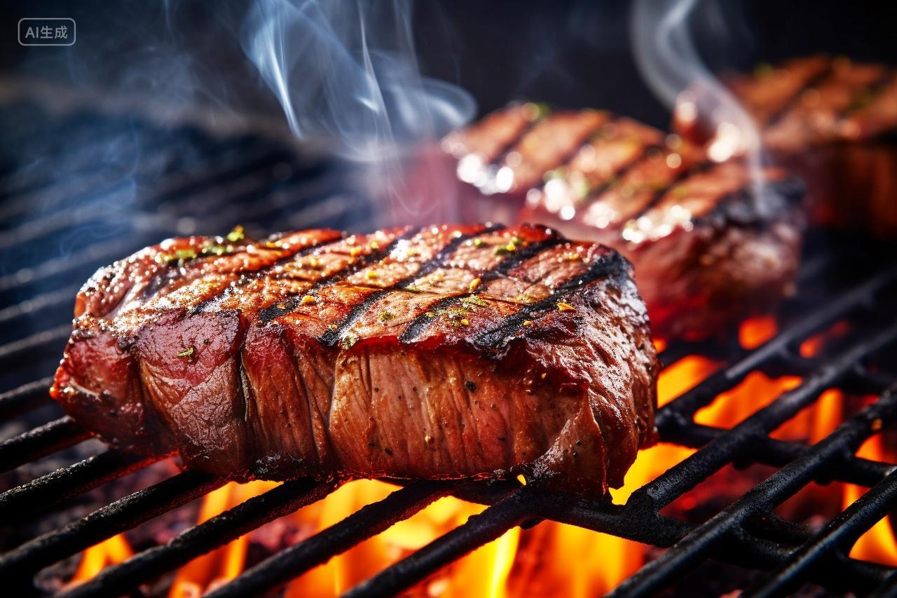 烧烤架上的牛排烤肉地摊小吃美食