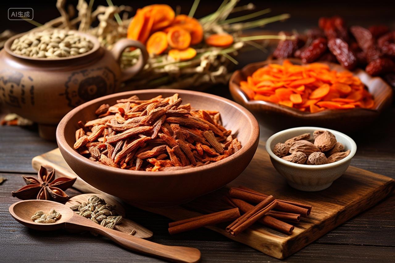 桌子上的各种大料佐料中药材