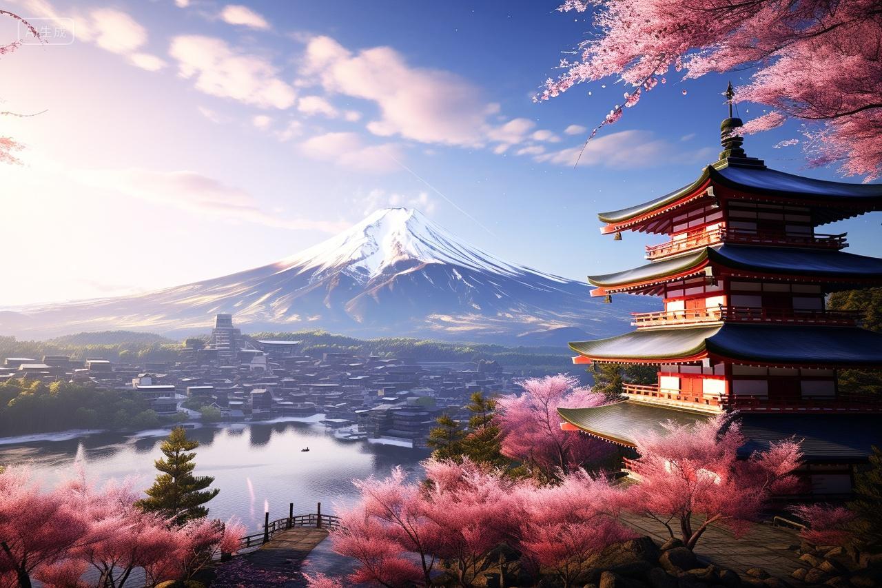 唯美日本富士山亭子阁楼樱花旅行旅游宣传