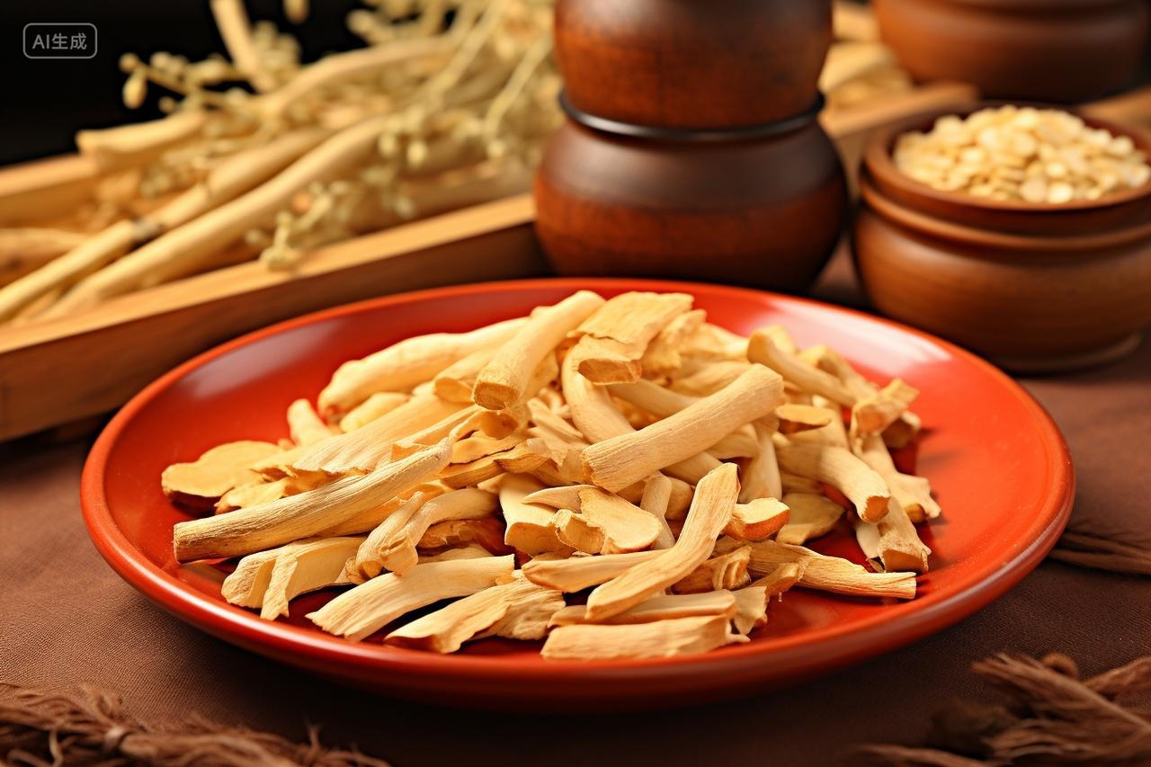 摆拍盘子里的黄芪条大料药材佐料