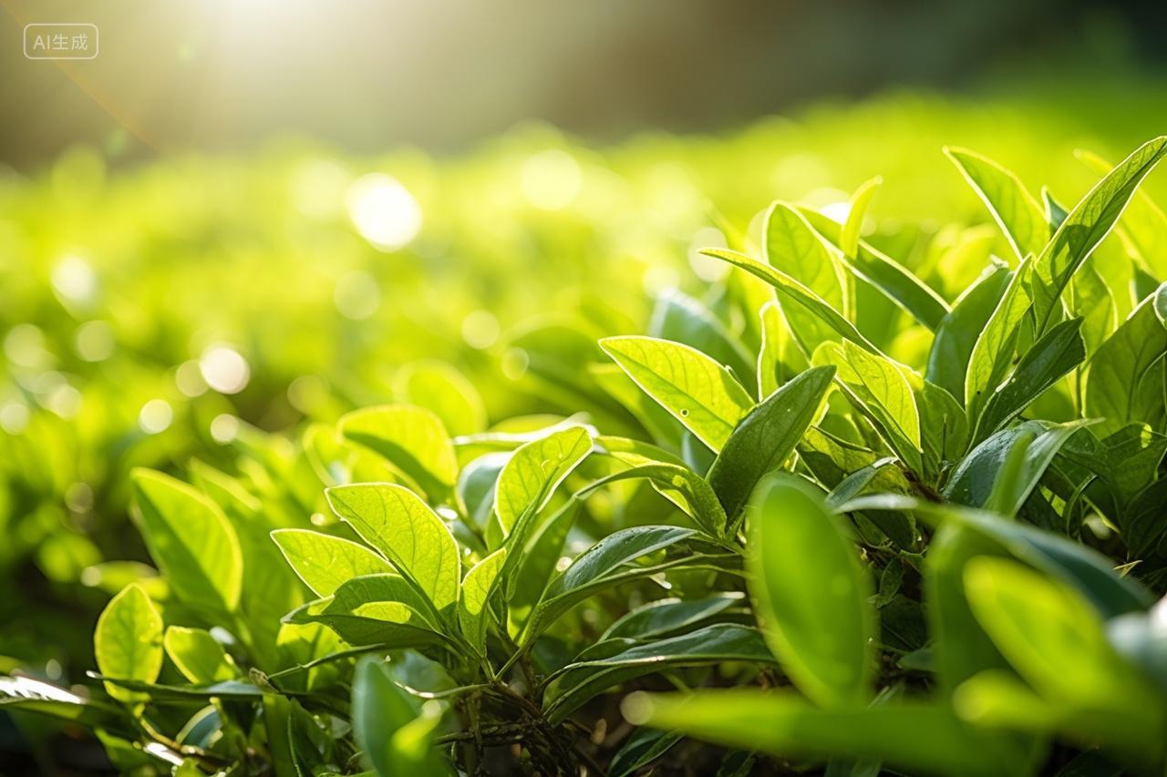阳光照耀下的茶园茶叶新鲜茶叶宣传