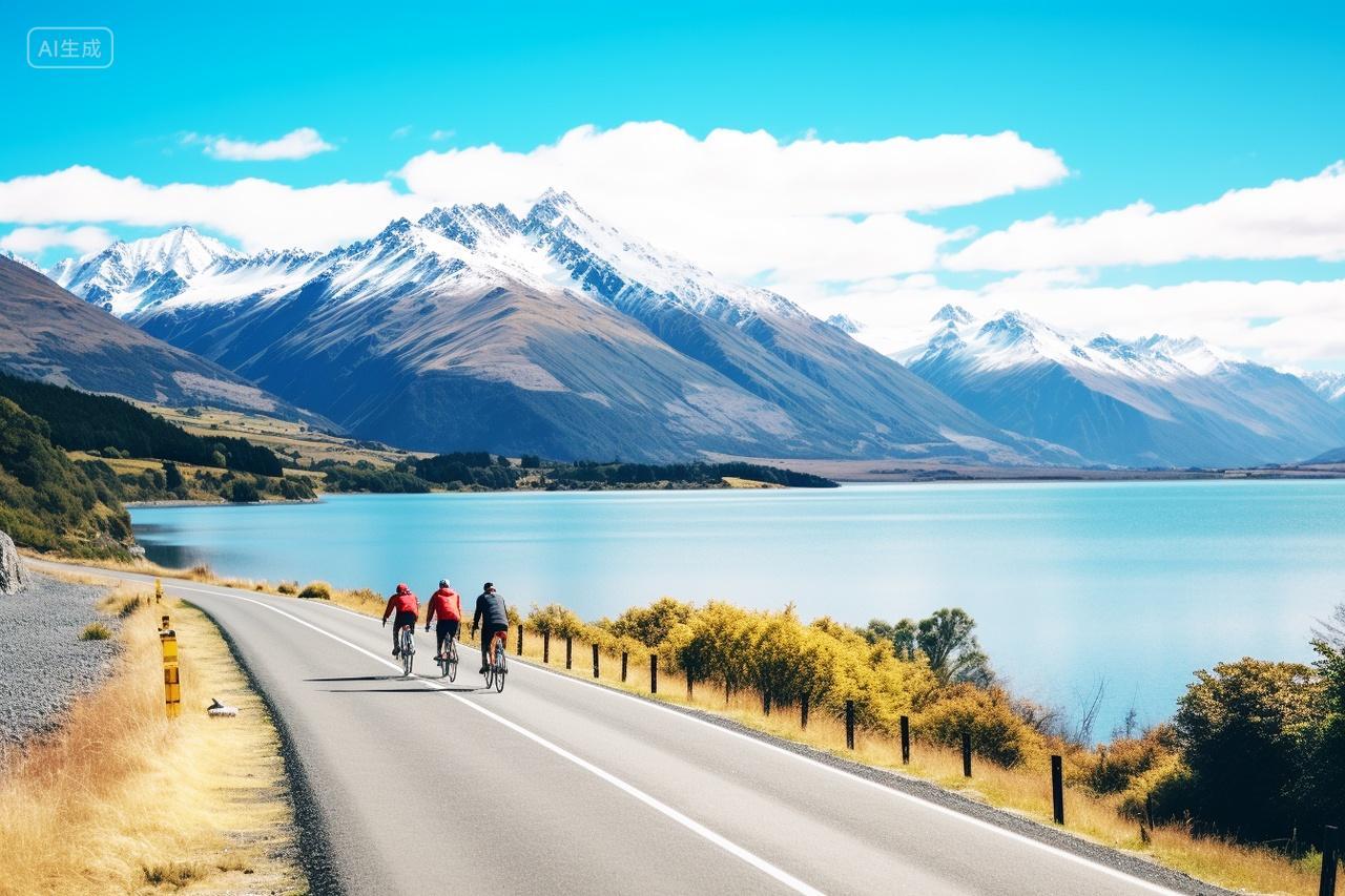 雪山湖水旁户外骑行车队电脑壁纸