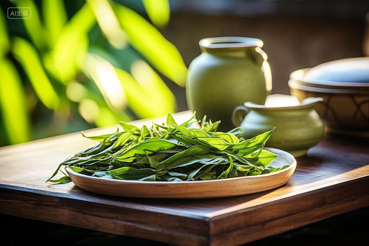 模糊背景桌子上的新鲜茶叶宣传