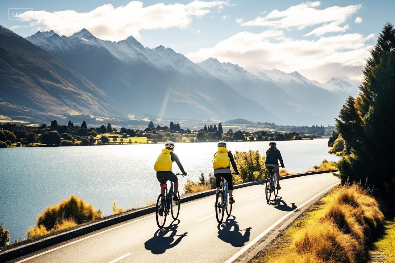 蓝天白云下骑车外出旅行的人户外骑行