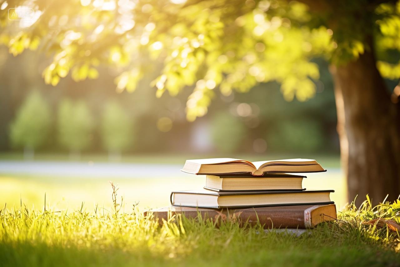阳光照耀在树木下的书本上小清新背景