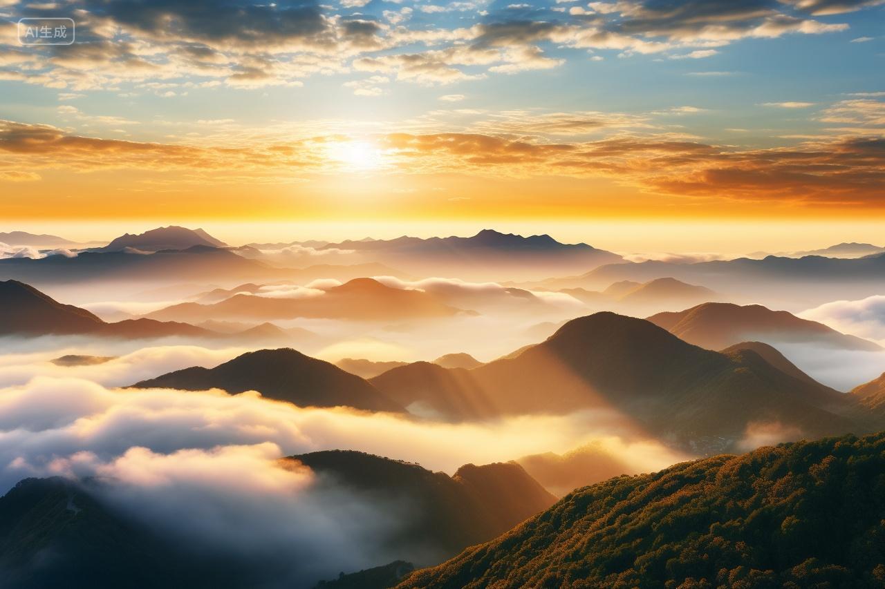 唯美小清新夕阳天空上的云雾山脉电脑壁纸